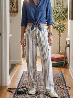 Roxy Women's Striped Wide-Leg Cargo Pants - White & Blue